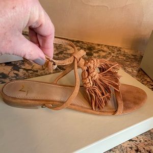 Marc Fisher Crystal Tassel Sandal in Medium Brown Suede